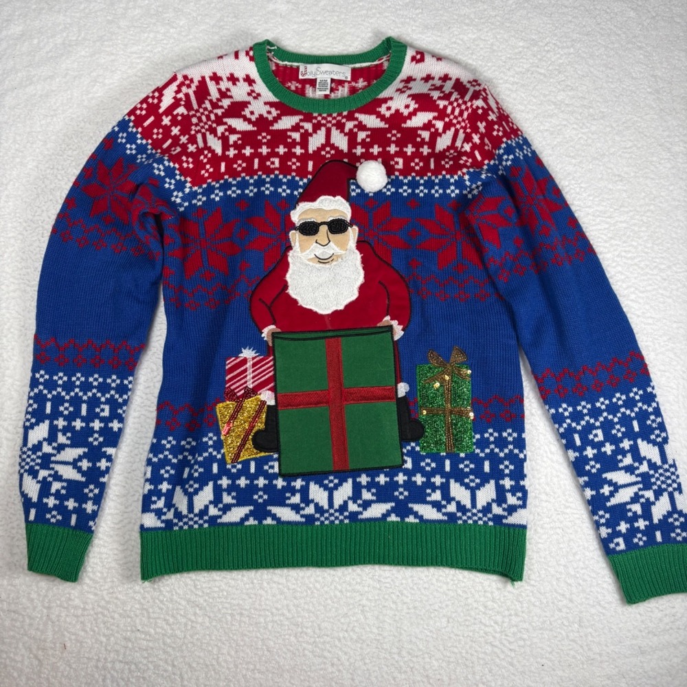 Jolly Sweaters Men's Christmas Sweater Size M Blue Red Santa Gifts Drink Holder